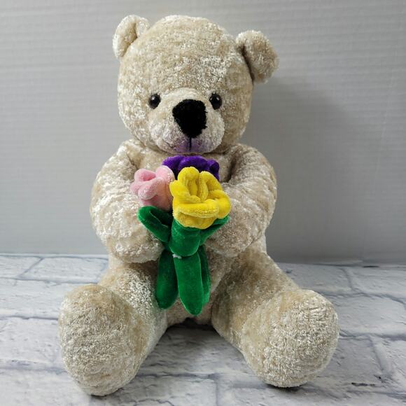 Sweet Silky Soft Plush Teddy Bear Holds Bouquet of Flowers - Picture 1 of 13